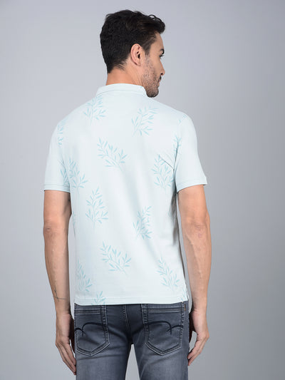 Green Floral Print Polo Neck T-Shirt-Men T-Shirts-Crimsoune Club