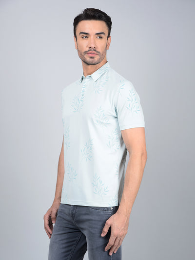 Green Floral Print Polo Neck T-Shirt-Men T-Shirts-Crimsoune Club