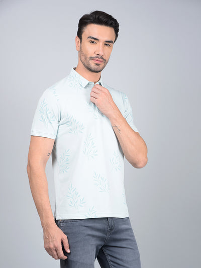 Green Floral Print Polo Neck T-Shirt-Men T-Shirts-Crimsoune Club