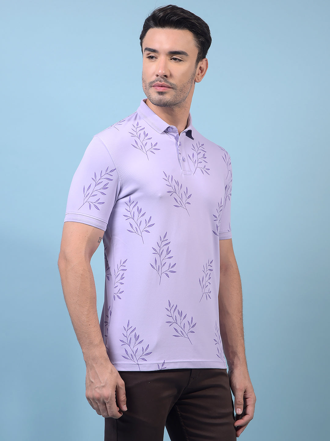 Men's Purple Floral Print Polo Neck T-Shirt-Men T-Shirts-Crimsoune Club
