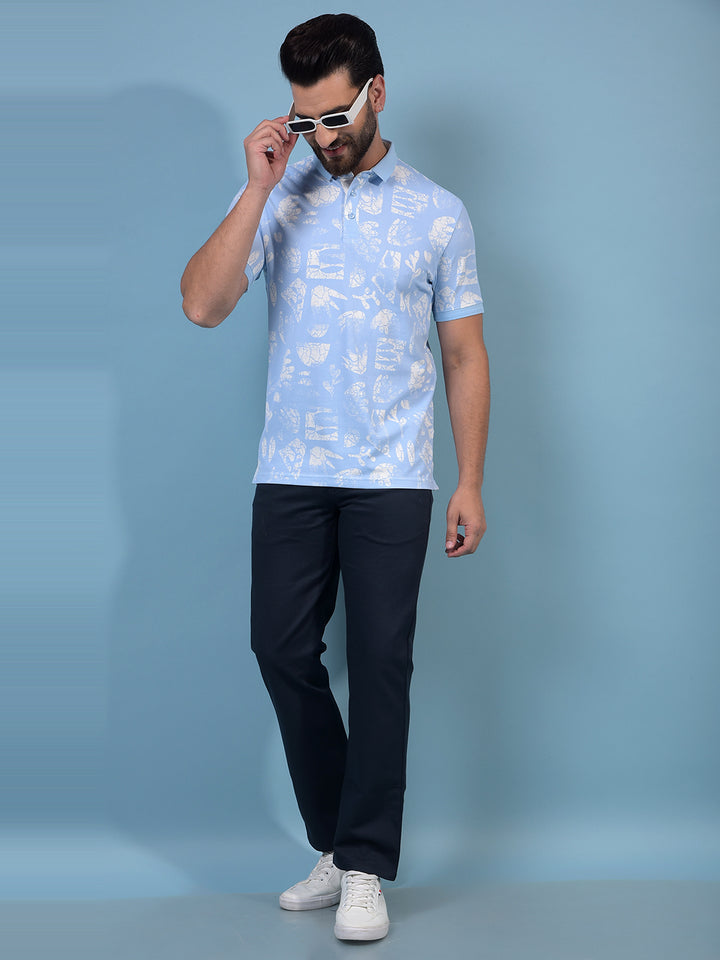 Men's Blue Printed Polo Neck T-Shirt-Men T-Shirts-Crimsoune Club