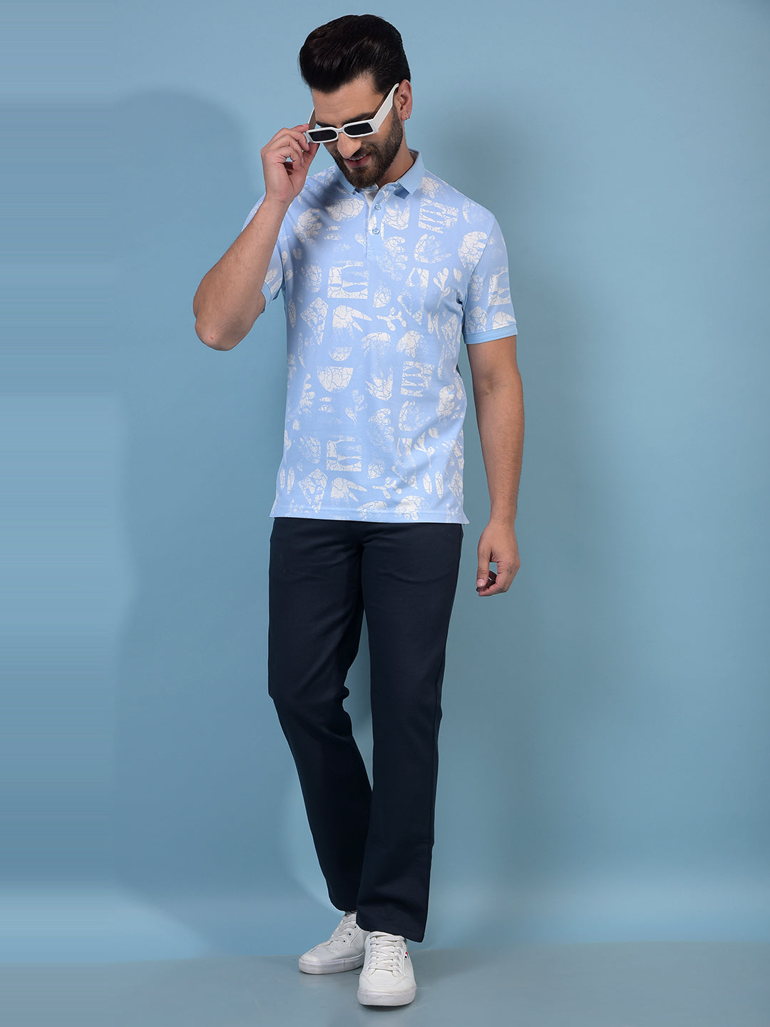 Men's Blue Printed Polo Neck T-Shirt-Men T-Shirts-Crimsoune Club