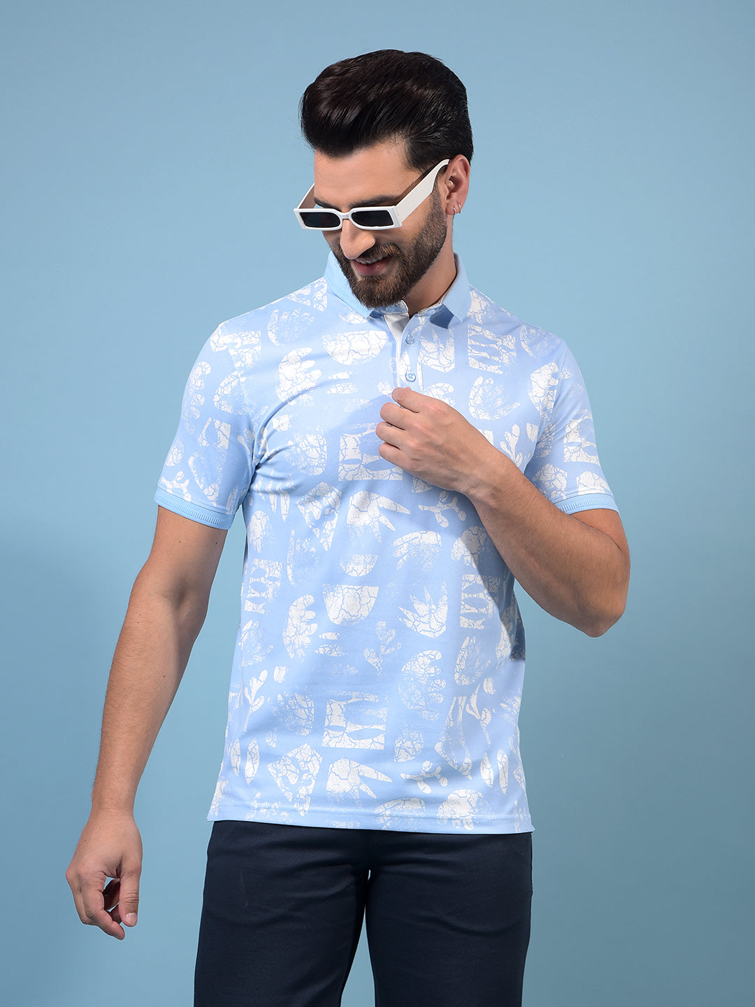 Men's Blue Printed Polo Neck T-Shirt-Men T-Shirts-Crimsoune Club