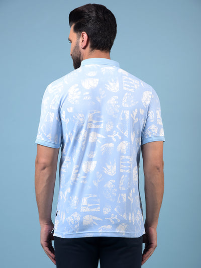 Men's Blue Printed Polo Neck T-Shirt-Men T-Shirts-Crimsoune Club
