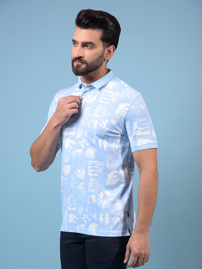 Men's Blue Printed Polo Neck T-Shirt-Men T-Shirts-Crimsoune Club