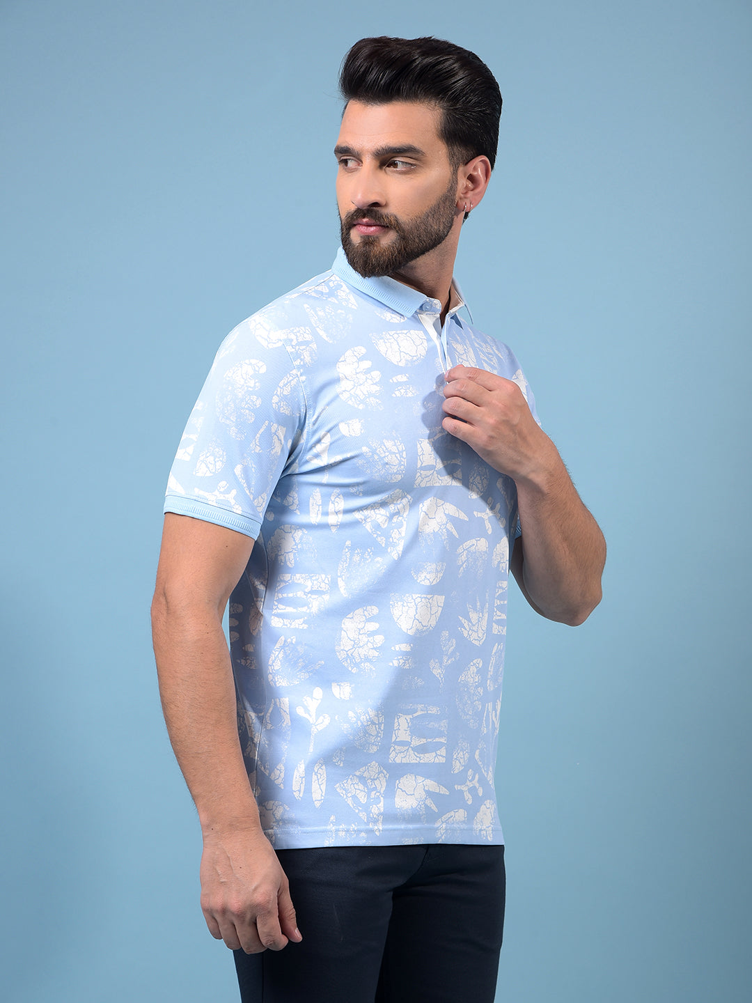 Men's Blue Printed Polo Neck T-Shirt-Men T-Shirts-Crimsoune Club
