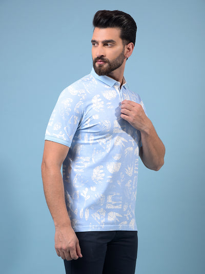 Men's Blue Printed Polo Neck T-Shirt-Men T-Shirts-Crimsoune Club