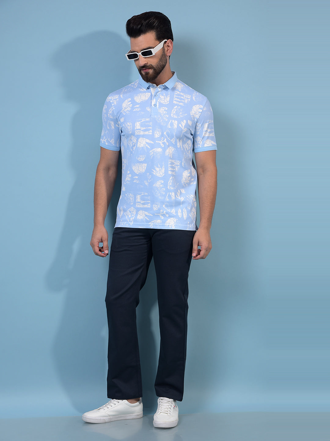 Men's Blue Printed Polo Neck T-Shirt-Men T-Shirts-Crimsoune Club