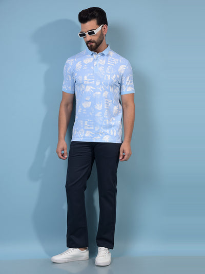 Men's Blue Printed Polo Neck T-Shirt-Men T-Shirts-Crimsoune Club