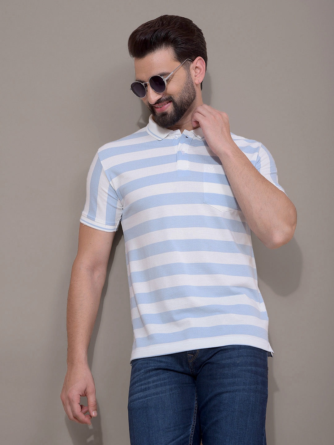 Blue Horizontal Stripes Polo Neck T-Shirt-Men T-Shirts-Crimsoune Club