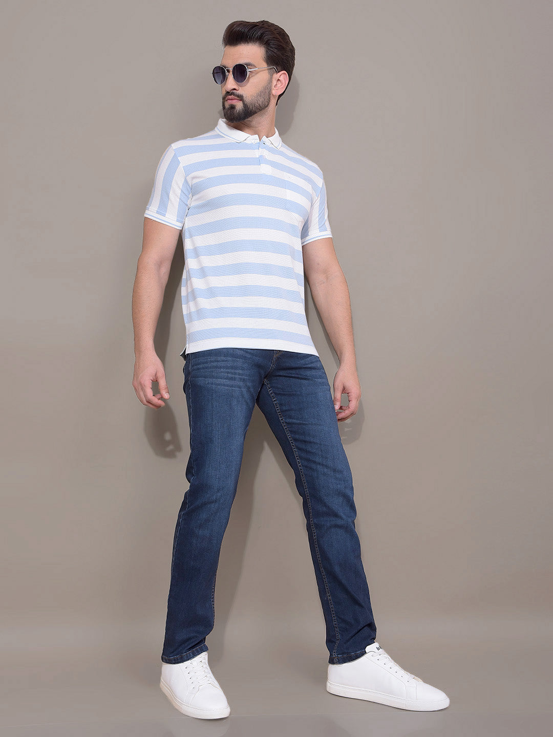 Blue Horizontal Stripes Polo Neck T-Shirt-Men T-Shirts-Crimsoune Club