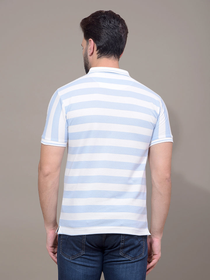 Blue Horizontal Stripes Polo Neck T-Shirt-Men T-Shirts-Crimsoune Club