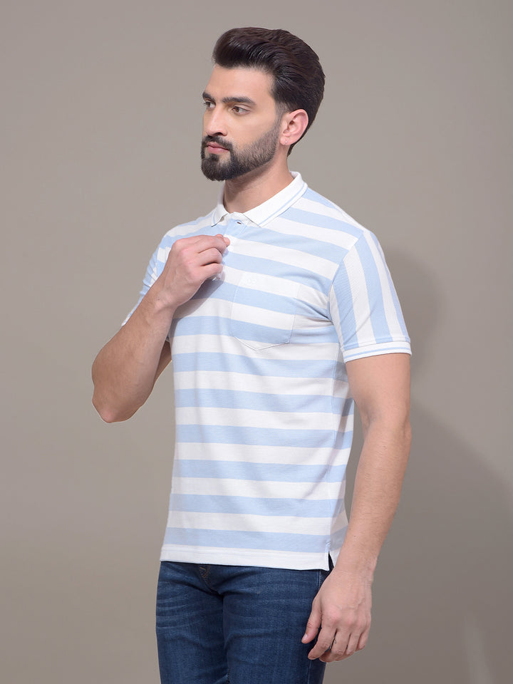 Blue Horizontal Stripes Polo Neck T-Shirt-Men T-Shirts-Crimsoune Club