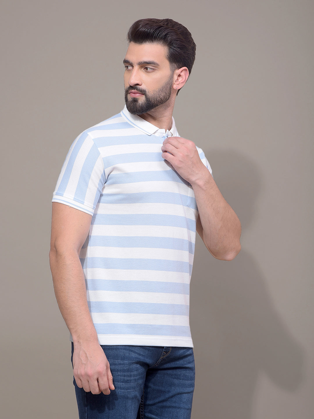 Blue Horizontal Stripes Polo Neck T-Shirt-Men T-Shirts-Crimsoune Club