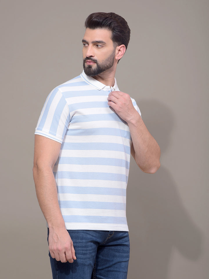 Blue Horizontal Stripes Polo Neck T-Shirt-Men T-Shirts-Crimsoune Club
