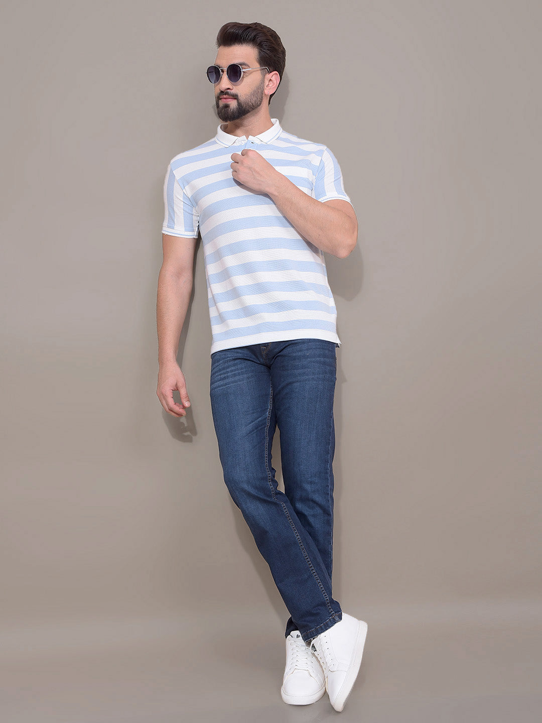 Blue Horizontal Stripes Polo Neck T-Shirt-Men T-Shirts-Crimsoune Club