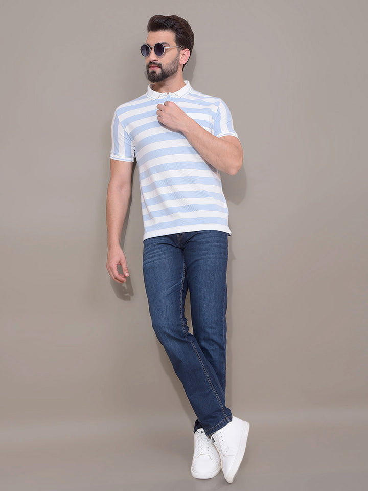 Blue Horizontal Stripes Polo Neck T-Shirt-Men T-Shirts-Crimsoune Club