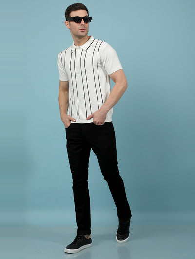 White Vertical Stripes Polo-Neck T-Shirt-Men T-Shirts-Crimsoune Club