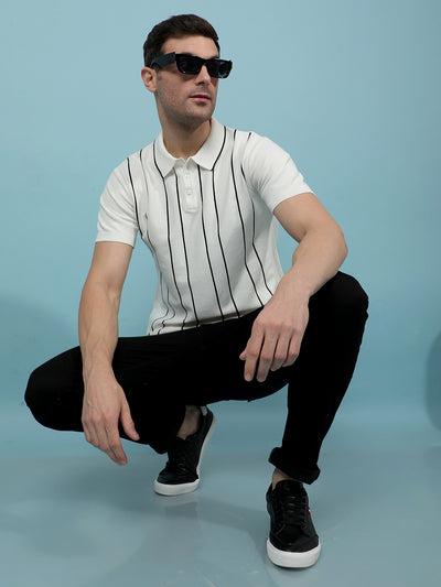 White Vertical Stripes Polo-Neck T-Shirt-Men T-Shirts-Crimsoune Club