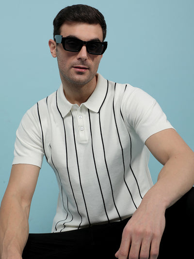 White Vertical Stripes Polo-Neck T-Shirt-Men T-Shirts-Crimsoune Club