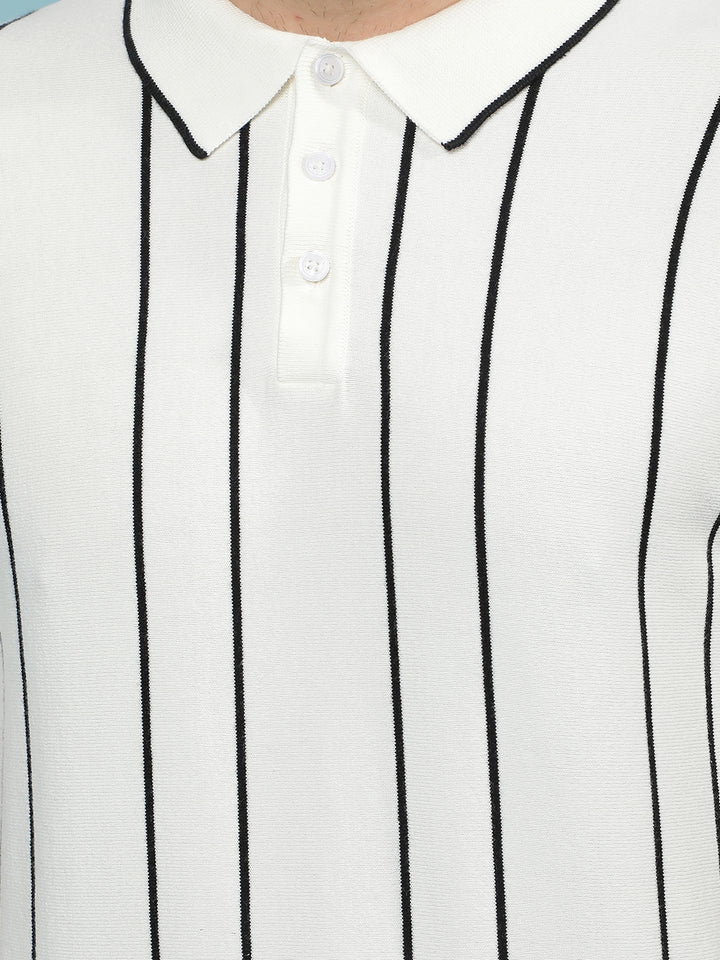 White Vertical Stripes Polo-Neck T-Shirt-Men T-Shirts-Crimsoune Club