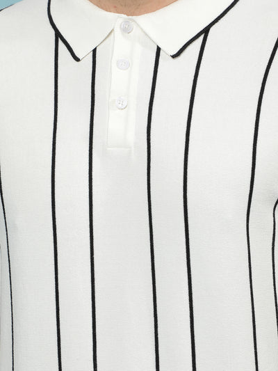 White Vertical Stripes Polo-Neck T-Shirt-Men T-Shirts-Crimsoune Club