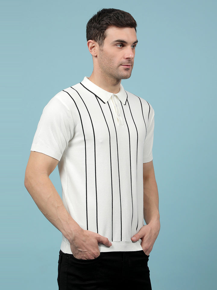 White Vertical Stripes Polo-Neck T-Shirt-Men T-Shirts-Crimsoune Club