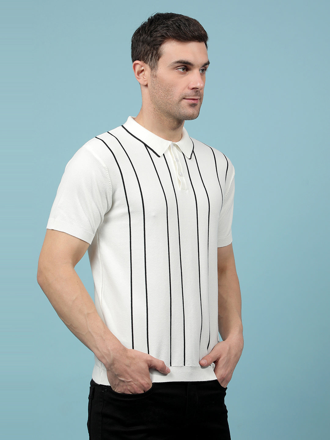 White Vertical Stripes Polo-Neck T-Shirt-Men T-Shirts-Crimsoune Club