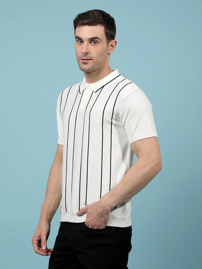 White Vertical Stripes Polo-Neck T-Shirt-Men T-Shirts-Crimsoune Club