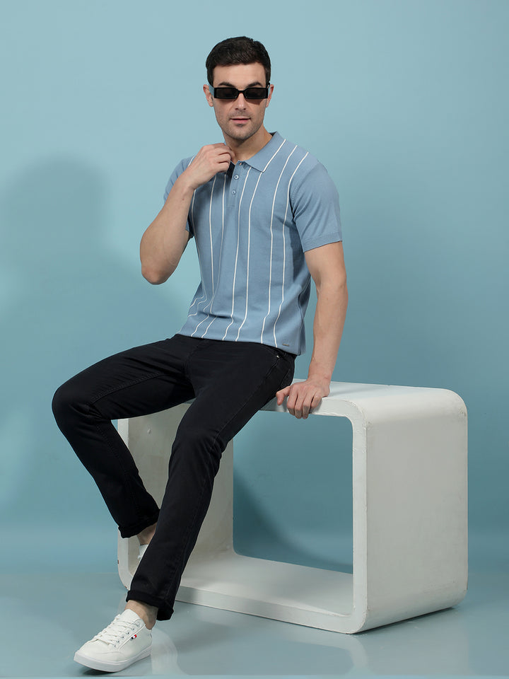 Blue Vertical Stripes Polo-Neck T-Shirt-Men T-Shirts-Crimsoune Club