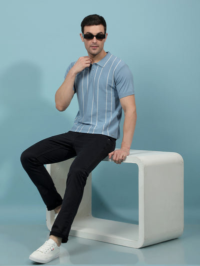 Blue Vertical Stripes Polo-Neck T-Shirt-Men T-Shirts-Crimsoune Club
