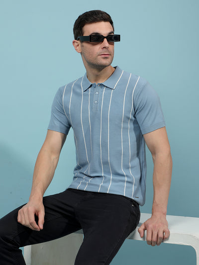 Blue Vertical Stripes Polo-Neck T-Shirt-Men T-Shirts-Crimsoune Club