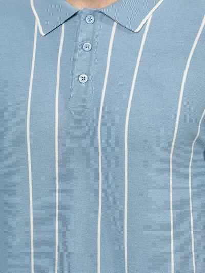 Blue Vertical Stripes Polo-Neck T-Shirt-Men T-Shirts-Crimsoune Club