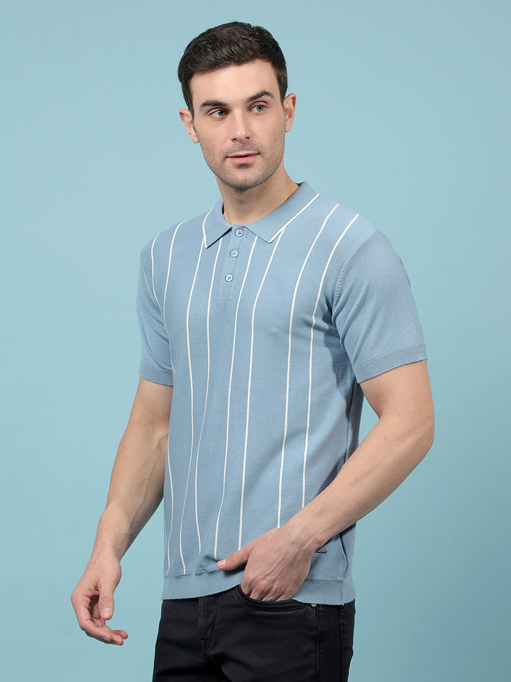 Blue Vertical Stripes Polo-Neck T-Shirt-Men T-Shirts-Crimsoune Club