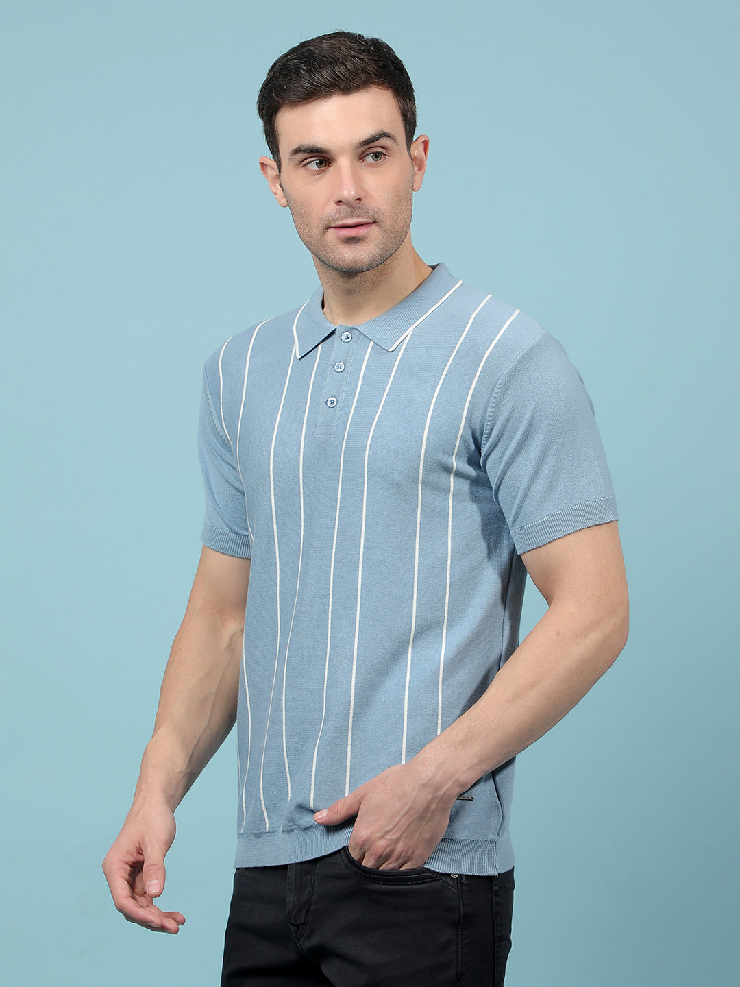 Blue Vertical Stripes Polo-Neck T-Shirt-Men T-Shirts-Crimsoune Club