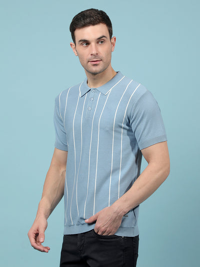 Blue Vertical Stripes Polo-Neck T-Shirt-Men T-Shirts-Crimsoune Club