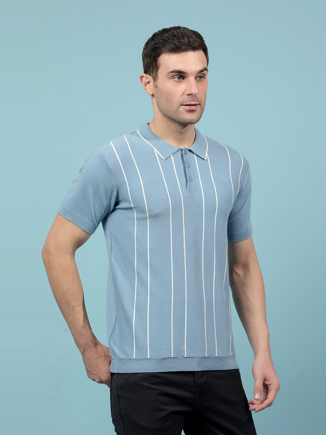 Blue Vertical Stripes Polo-Neck T-Shirt-Men T-Shirts-Crimsoune Club