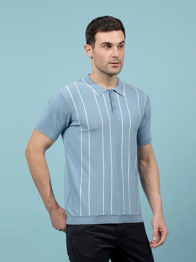 Blue Vertical Stripes Polo-Neck T-Shirt-Men T-Shirts-Crimsoune Club
