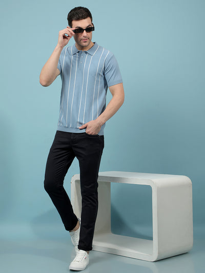 Blue Vertical Stripes Polo-Neck T-Shirt-Men T-Shirts-Crimsoune Club