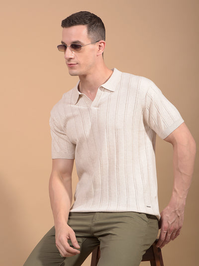 Beige Vertical Stripes Polo Neck T-Shirt-Men T-Shirts-Crimsoune Club