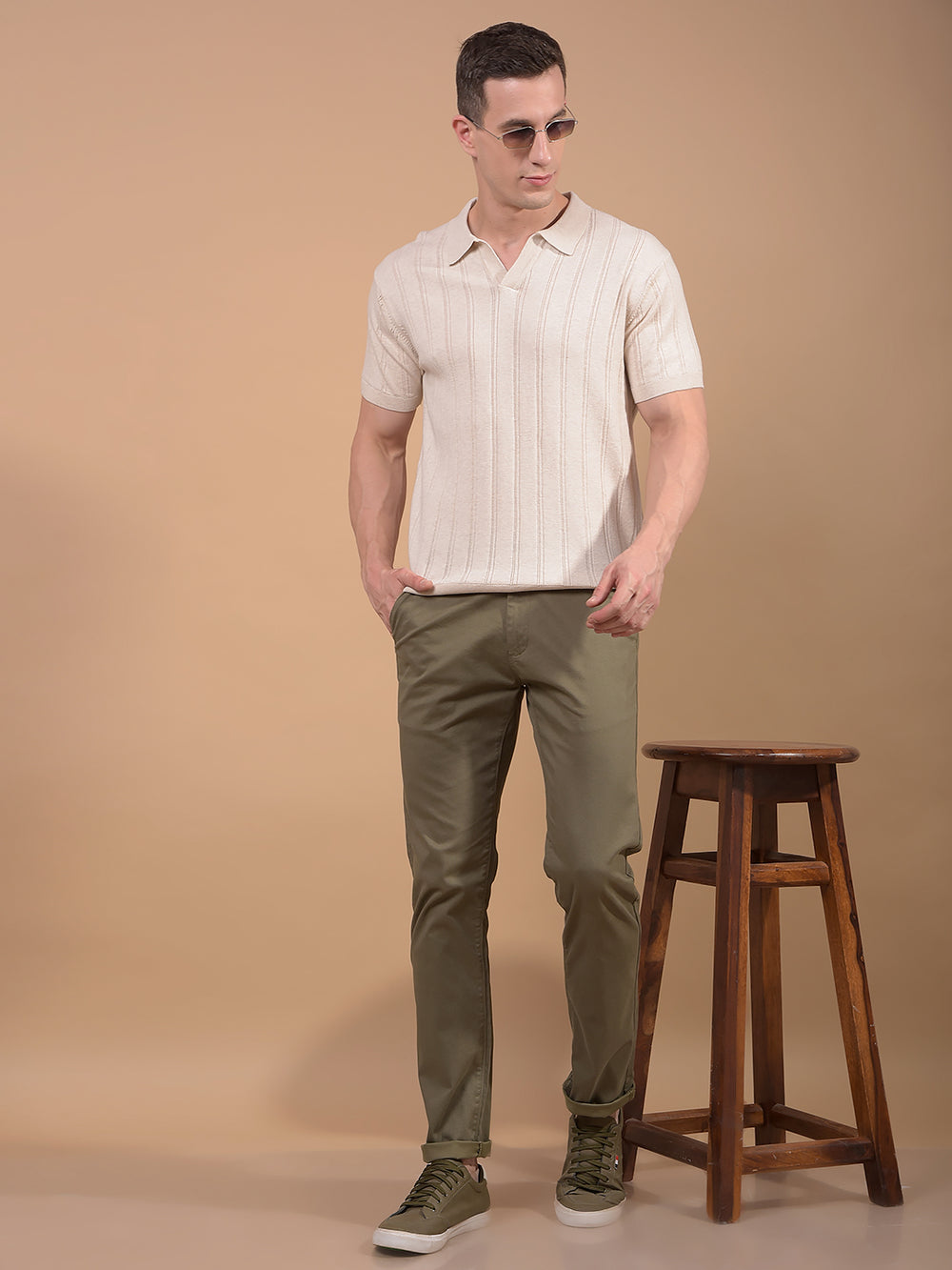 Beige Vertical Stripes Polo Neck T-Shirt-Men T-Shirts-Crimsoune Club