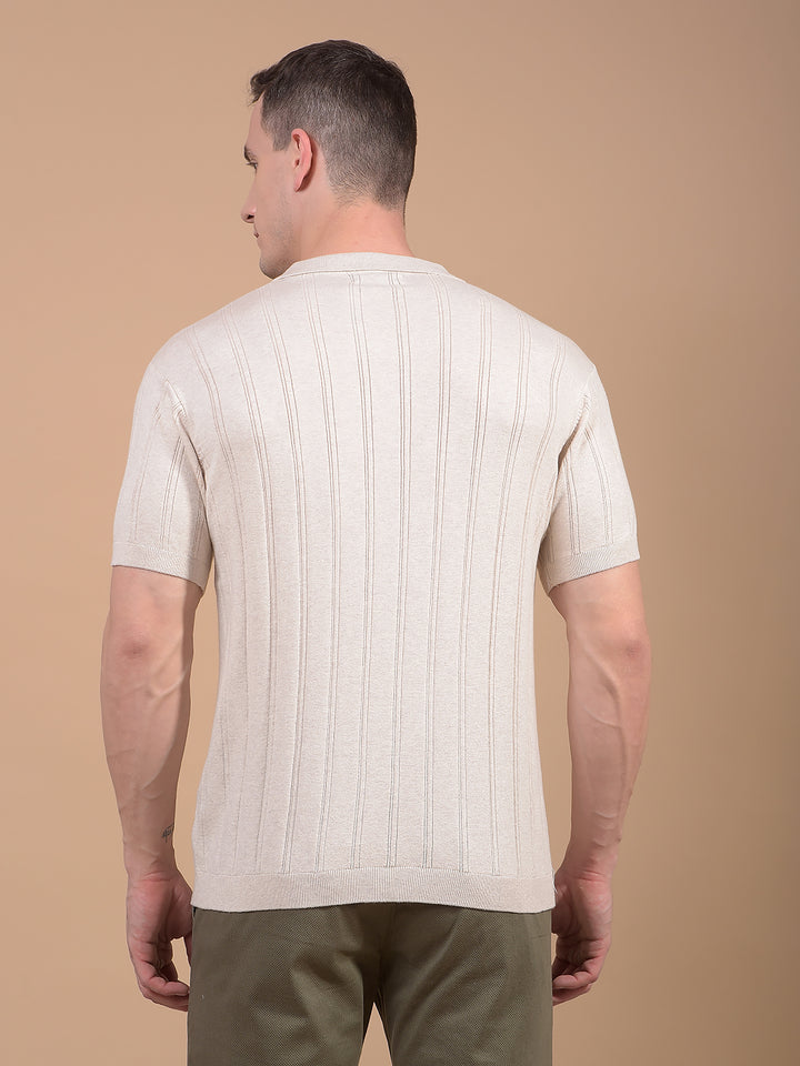 Beige Vertical Stripes Polo Neck T-Shirt-Men T-Shirts-Crimsoune Club