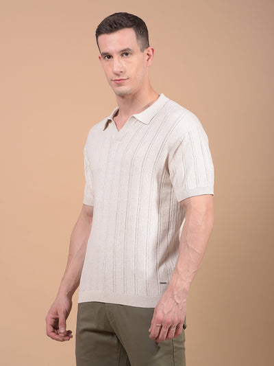 Beige Vertical Stripes Polo Neck T-Shirt-Men T-Shirts-Crimsoune Club