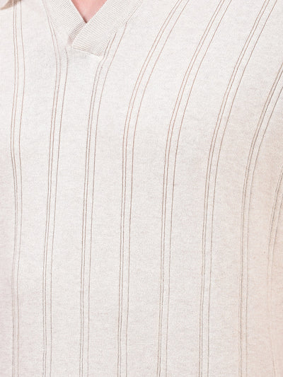 Beige Vertical Stripes Polo Neck T-Shirt-Men T-Shirts-Crimsoune Club