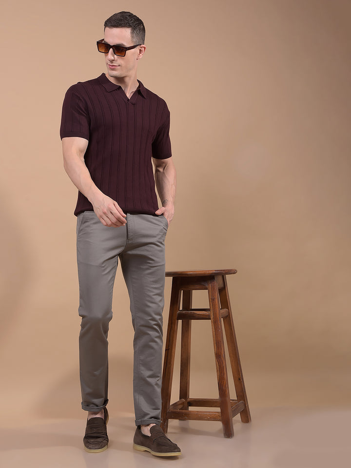 Wine Vertical Stripes Polo Neck T-Shirt-Men T-Shirts-Crimsoune Club