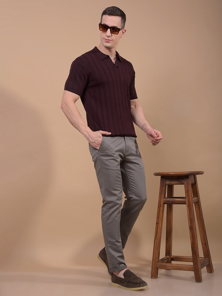 Wine Vertical Stripes Polo Neck T-Shirt-Men T-Shirts-Crimsoune Club