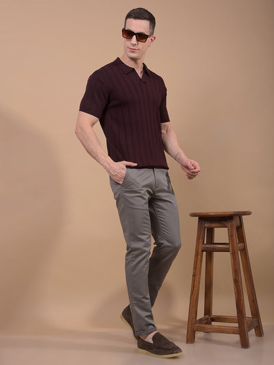 Wine Vertical Stripes Polo Neck T-Shirt-Men T-Shirts-Crimsoune Club