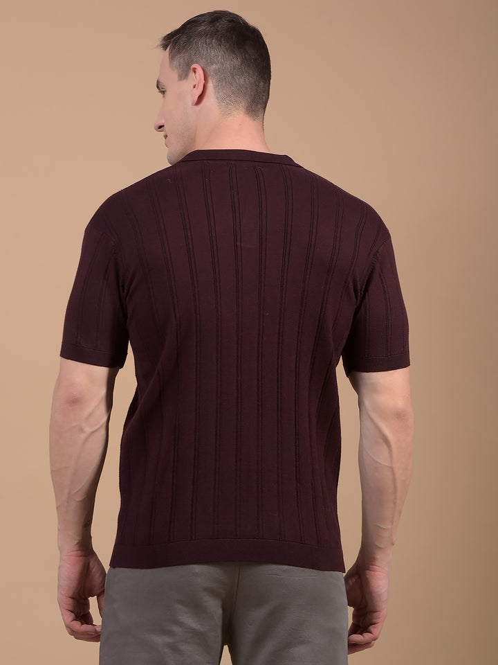 Wine Vertical Stripes Polo Neck T-Shirt-Men T-Shirts-Crimsoune Club