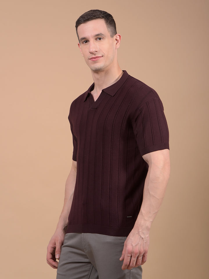 Wine Vertical Stripes Polo Neck T-Shirt-Men T-Shirts-Crimsoune Club