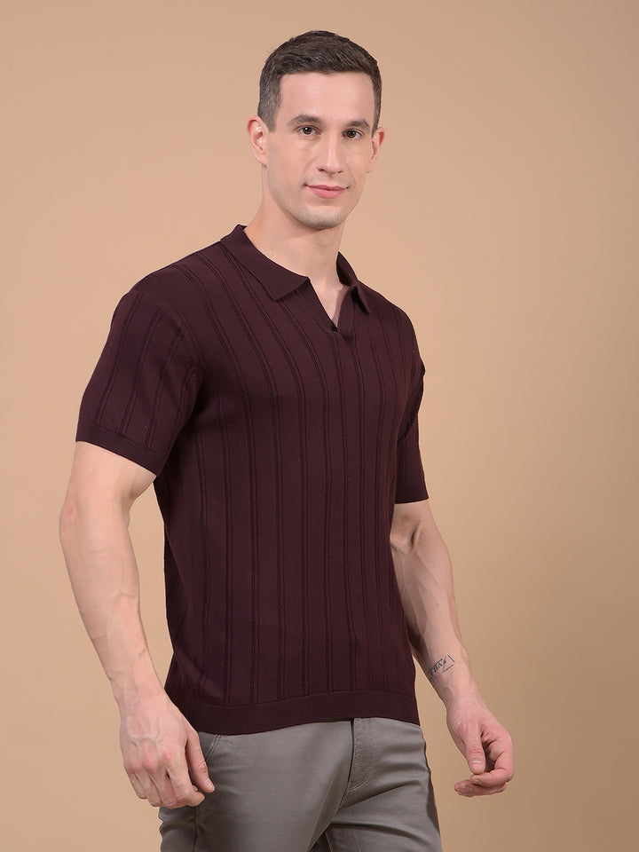 Wine Vertical Stripes Polo Neck T-Shirt-Men T-Shirts-Crimsoune Club